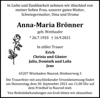 Traueranzeige von Anna-Maria Brönner von vrm-trauer