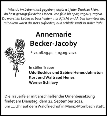 Traueranzeige von Annemarie Becker-Jacoby von vrm-trauer