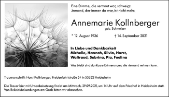 Traueranzeige von Annemarie Kolinberger von vrm-trauer