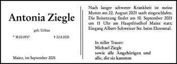 Traueranzeige von Antonia Ziegle von vrm-trauer