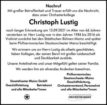 Traueranzeige von Christoph Lustig von vrm-trauer