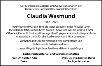Traueranzeige von Claudia Wasmund von vrm-trauer