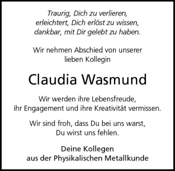 Traueranzeige von Claudia Wasmund von vrm-trauer