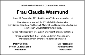 Traueranzeige von Claudia Wasmund von vrm-trauer