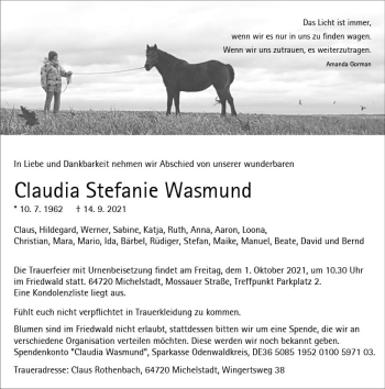 Traueranzeige von Claudia Stefanie Wasmund von vrm-trauer