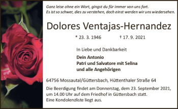 Traueranzeige von Dolores Ventajas-Hernandez von vrm-trauer
