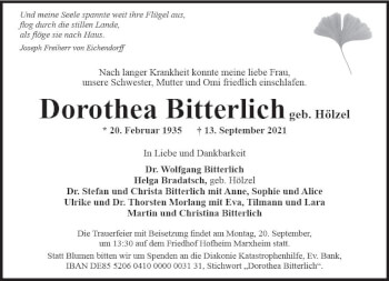 Traueranzeige von Dorothea Bitterlich von vrm-trauer
