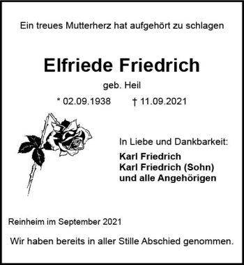 Traueranzeige von Elfriede Friedrich von vrm-trauer
