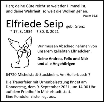 Traueranzeige von Elfriede Seip von vrm-trauer