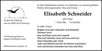 Traueranzeige von Elisabeth Schneider von vrm-trauer