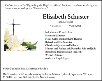 Traueranzeige von Elisabeth Schuster von vrm-trauer