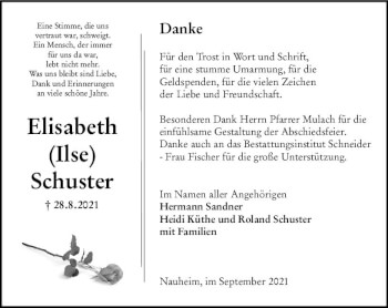 Traueranzeige von Elisabeth Schuster von vrm-trauer