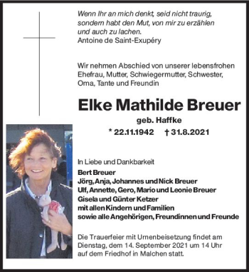 Traueranzeige von Elke Mathilde Breuer von vrm-trauer
