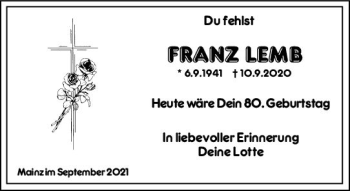 Traueranzeige von Franz Lemb von vrm-trauer