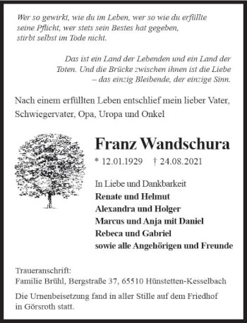 Traueranzeige von Franz Wandschura von vrm-trauer