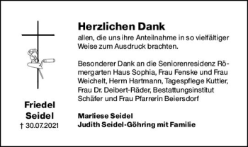 Traueranzeige von Friedel Seidel von vrm-trauer