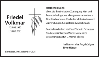 Traueranzeige von Friedel Volkmar von vrm-trauer