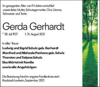 Traueranzeige von Gerda Gerhardt von vrm-trauer