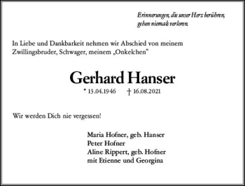 Traueranzeige von Gerhard Hanser von vrm-trauer
