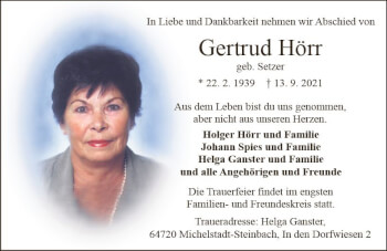 Traueranzeige von Gertrud Hörr von vrm-trauer