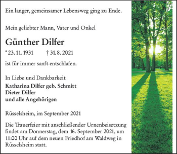Traueranzeige von Günther Dilfer von vrm-trauer