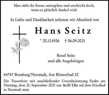 Traueranzeige von Hans Seitz von vrm-trauer