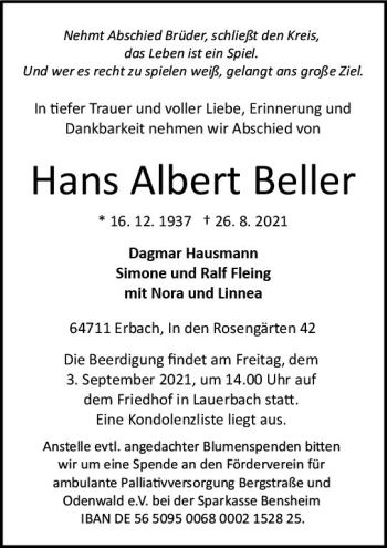 Traueranzeige von Hans Albert Beller von vrm-trauer