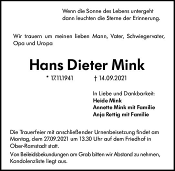 Traueranzeige von Hans Dieter Mink von vrm-trauer