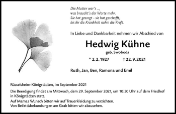 Traueranzeige von Hedwig Kühne von vrm-trauer