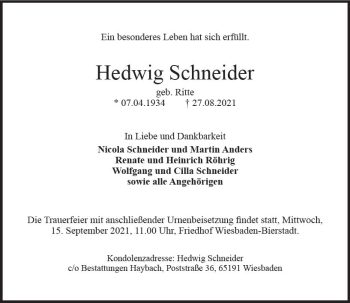 Traueranzeige von Hedwig Schneider von vrm-trauer