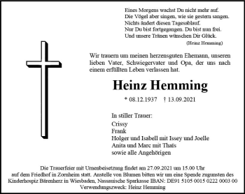 Traueranzeige von Heinz Hemming von vrm-trauer