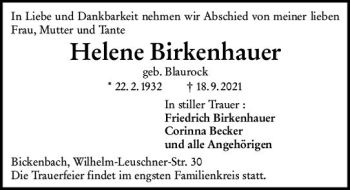 Traueranzeige von Helene Birkenhauer von vrm-trauer