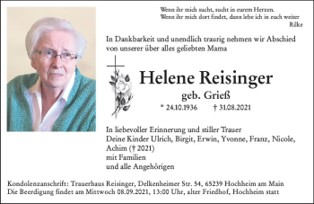 Traueranzeige von Helene Reisinger von vrm-trauer