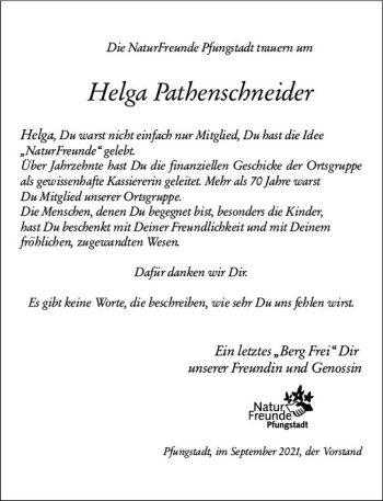 Traueranzeige von Helga Pathenschneider von vrm-trauer