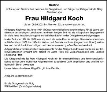 Traueranzeige von Hildgard Koch von vrm-trauer