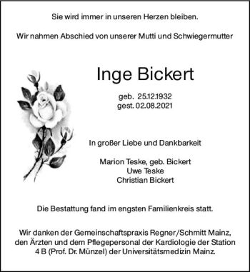 Traueranzeige von Inge Bickert von vrm-trauer