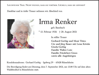 Traueranzeige von Irma Renker von vrm-trauer