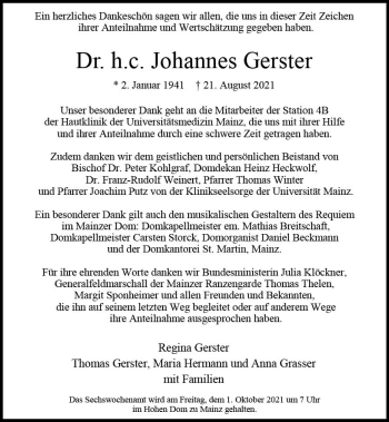 Traueranzeige von Johannes Gerster von vrm-trauer