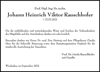 Traueranzeige von Johann Heinrich Viktor Rauschhofer von vrm-trauer