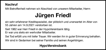 Traueranzeige von Jürgen Friedl von vrm-trauer