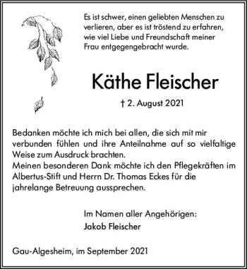 Traueranzeige von Käthe Fleischer von vrm-trauer