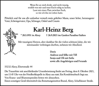 Traueranzeige von Karl-Heinz Berg von vrm-trauer