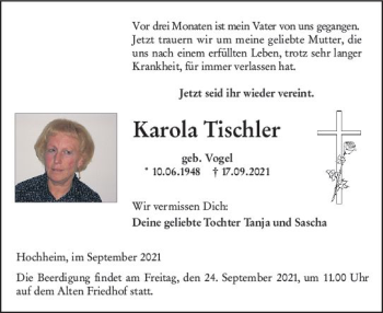 Traueranzeige von Karola Tischler von vrm-trauer