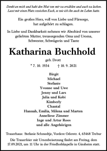 Traueranzeige von Katharina Buchhold von vrm-trauer
