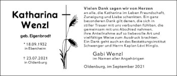 Traueranzeige von Katharina Wenzl von vrm-trauer