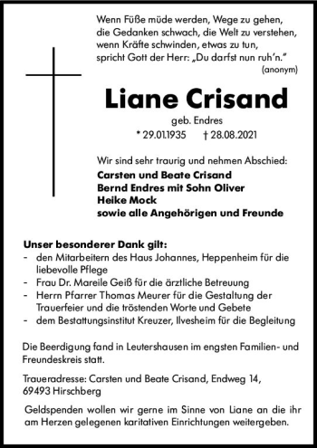 Traueranzeige von Liane Crisand von vrm-trauer