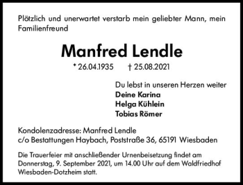 Traueranzeige von Manfred Lendle von vrm-trauer