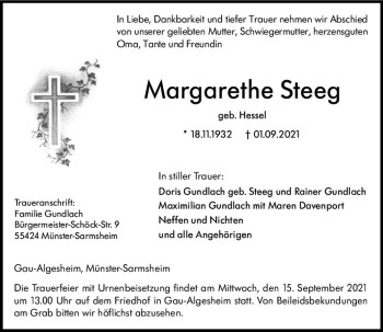 Traueranzeige von Margarethe Steeg von vrm-trauer