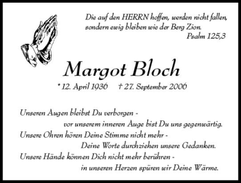 Traueranzeige von Margot Bloch von vrm-trauer