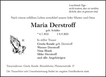 Traueranzeige von Maria Derstroff von vrm-trauer